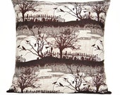 SALE 10.00 Halloween Pillow Cover Cushion Brown Crows Cats Cemetery Branches Moon Black Gray Beige Decorative 18x18