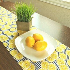 Lemon Table Runner: Yellow, Navy, & White Stripes, Reversible Decor