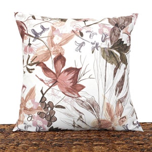 Watercolor Floral Pillow Cover Cushion Abstract Rose Brown Gray Lilac Green Beige Repurposed Decorative 18x18 image 2