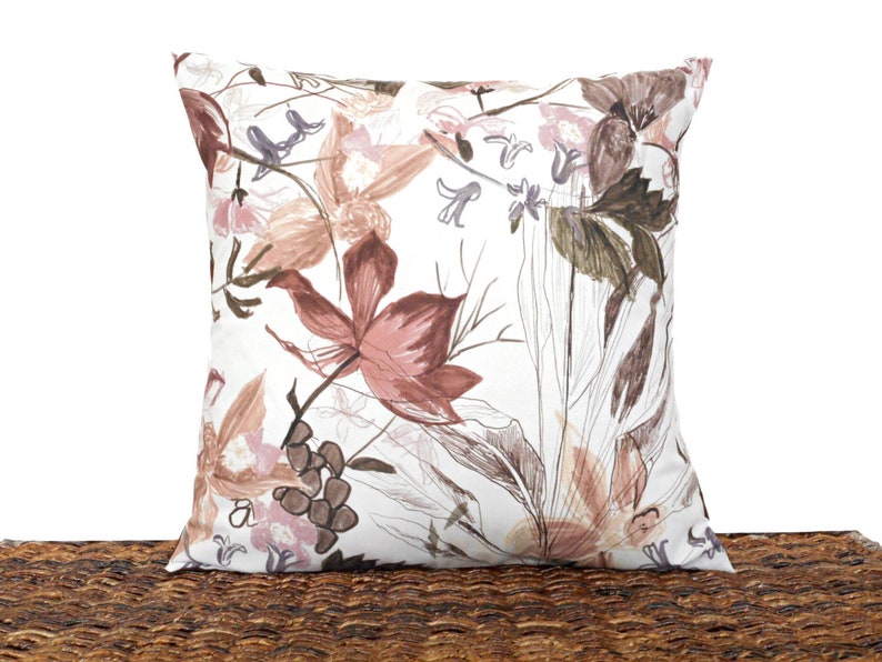 Watercolor Floral Pillow Cover Cushion Abstract Rose Brown Gray Lilac Green Beige Repurposed Decorative 18x18 image 2