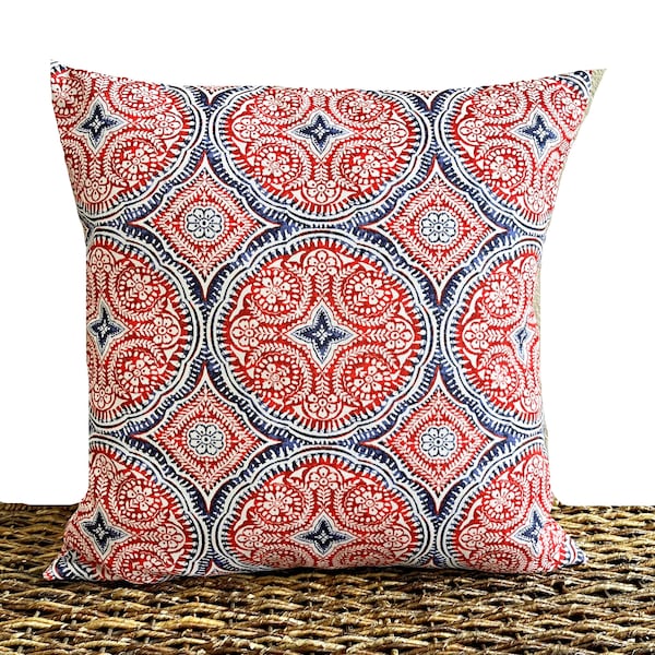 Geometric Medallion Pillow Cover Outdoor Cushion Throw Pillow Geometric Red White Blue Patriotic Americana Floral Fourth of July 18x18