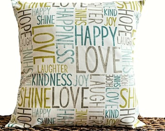 Words Pillow Cover Cushion Happy Love Shine Kindness Joy Laugh Turquoise Gray Chartreuse Green Beige Decorative 18x18