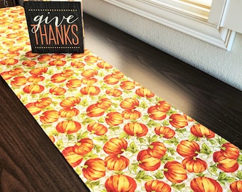 Pumpkins Table Runner Fall Thanksgiving Gingham Orange Green Taupe White Autumn Decor Reversible 13x70