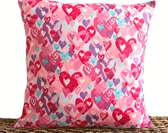 Valentine's Pillow Cover Cushion Throw Pillow Hearts Red Pink Turquoise Purple White Valentine's Day Decor 18x18