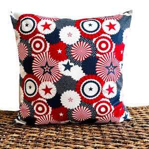 Patriotic Fans Pillow Cover Cushion Throw Pillow Red White Blue Stars Stripes Circles Fourth of July Americana 18x18