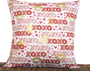 Valentine Pillow Cover Cushion Throw Pillow Lips Kisses Hearts Pink Red Metallic Gold White Valentine Decor 18x18