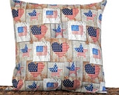 Rustic Patriotic Pillow Cover Cushion Flag Heart Stars Stripes Red White Blue Americana Fourth of July Decorative 18x18