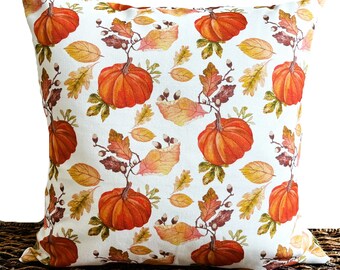 Pumpkins Pillow Cover Cushion Throw Pillow Fall Leaves Acorns Autumn Decor Orange Green Brown Beige Pink Mustard Repurposed Decorative 18x18