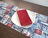 Nautical Table Runner Lighthouses Sailboats Flags Anchors Ship Wheels Seaboard Ahoy Fourth of July Red White Blue Reversible Coastal