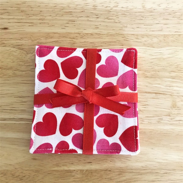 Valentine Hearts Coasters Mug Rugs Fabric Red Pink White Hostess Gift Valentine Decor Set of 4