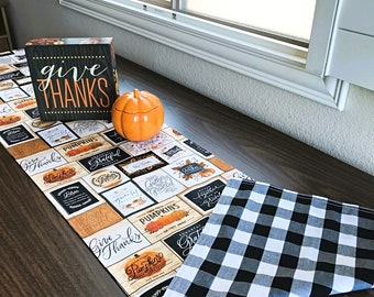 Fall Table Runner Thanksgiving Blessings Gather Give Thanks Pumpkins Buffalo Check Fall Orange Black White Brown Decorative Reversible 13x70