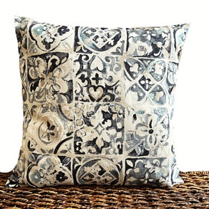 Moroccan Tile Throw Pillow Cover Cushion: Spanish Medallion Design, Gray Beige Turquoise (18x18)