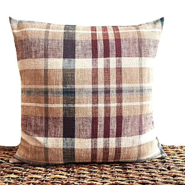 Plaid Fall Pillow Cushion Throw Pillow Plum Purple Blue Brown Tan Camel Beige Repurposed Fall Decor Autumn Thanksgiving Decorative 18x18