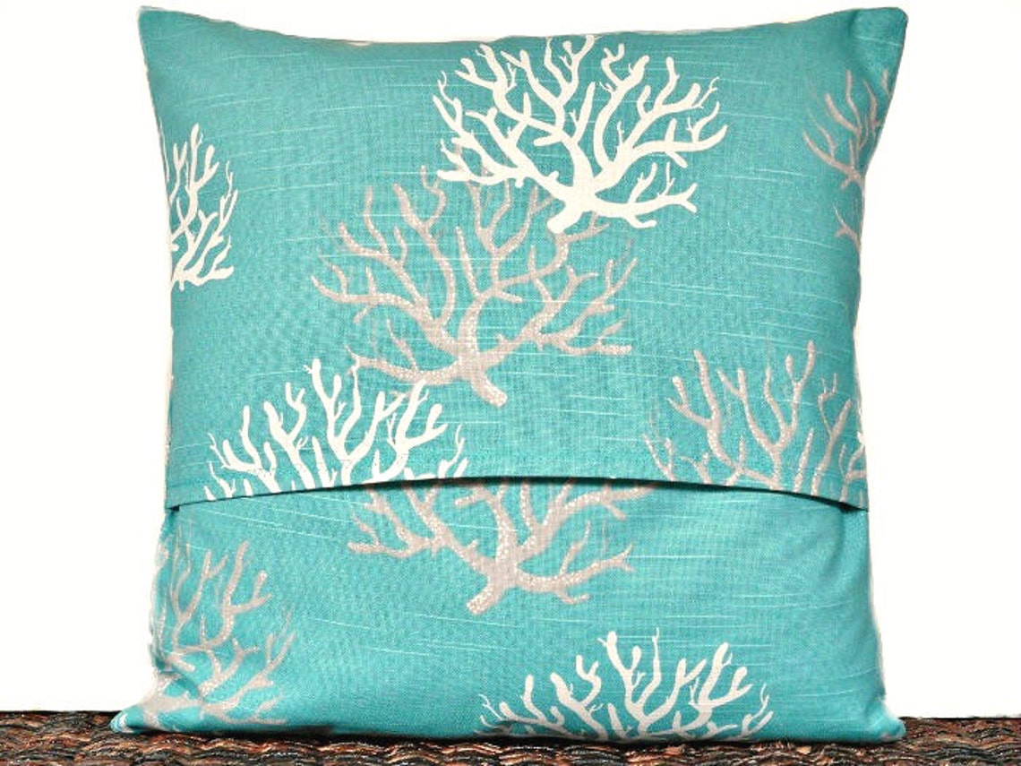 Turquoise Sea Coral Pillow Cover Cushion White Taupe Coastal Etsy