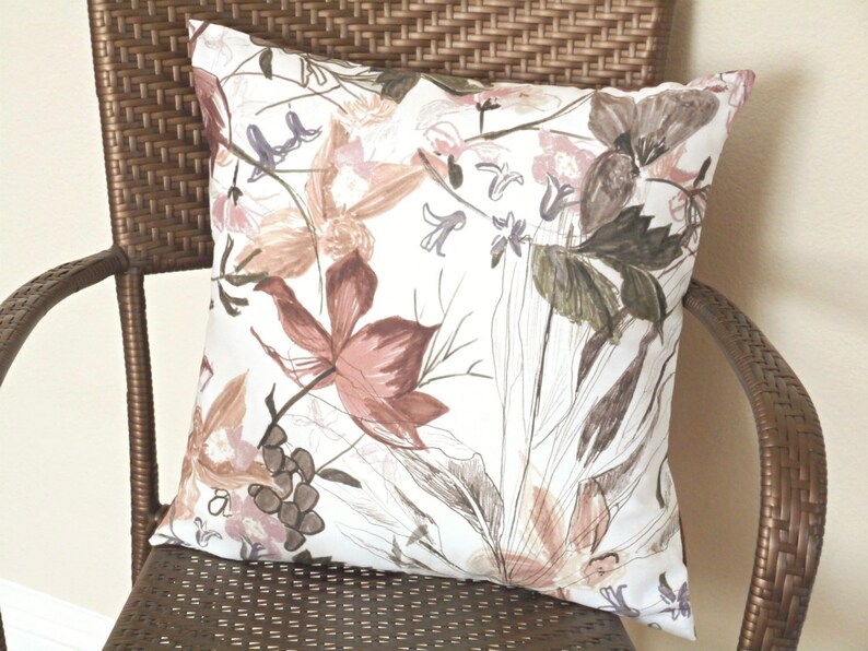 Watercolor Floral Pillow Cover Cushion Abstract Rose Brown Gray Lilac Green Beige Repurposed Decorative 18x18 image 4