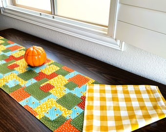 Fall Floral Table Runner Patchwork Sunflowers Buffalo Check Mustard Yellow Green Red Burnt Orange Blue Beige White Thanksgiving Decor 13x70