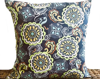 Blue Suzani Pillow Cover Cushion Floral Navy Yellow Orange Chartreuse Green White Tribal Decorative 18x18