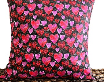 Black Hearts Pillow Cover Cushion Throw Pillow Valentine's Day Red Pink Metallic Silver Valentine's Day Decor 18x18