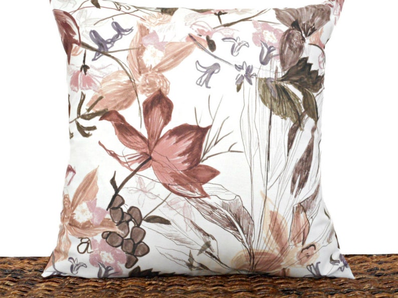 Watercolor Floral Pillow Cover Cushion Abstract Rose Brown Gray Lilac Green Beige Repurposed Decorative 18x18 image 5