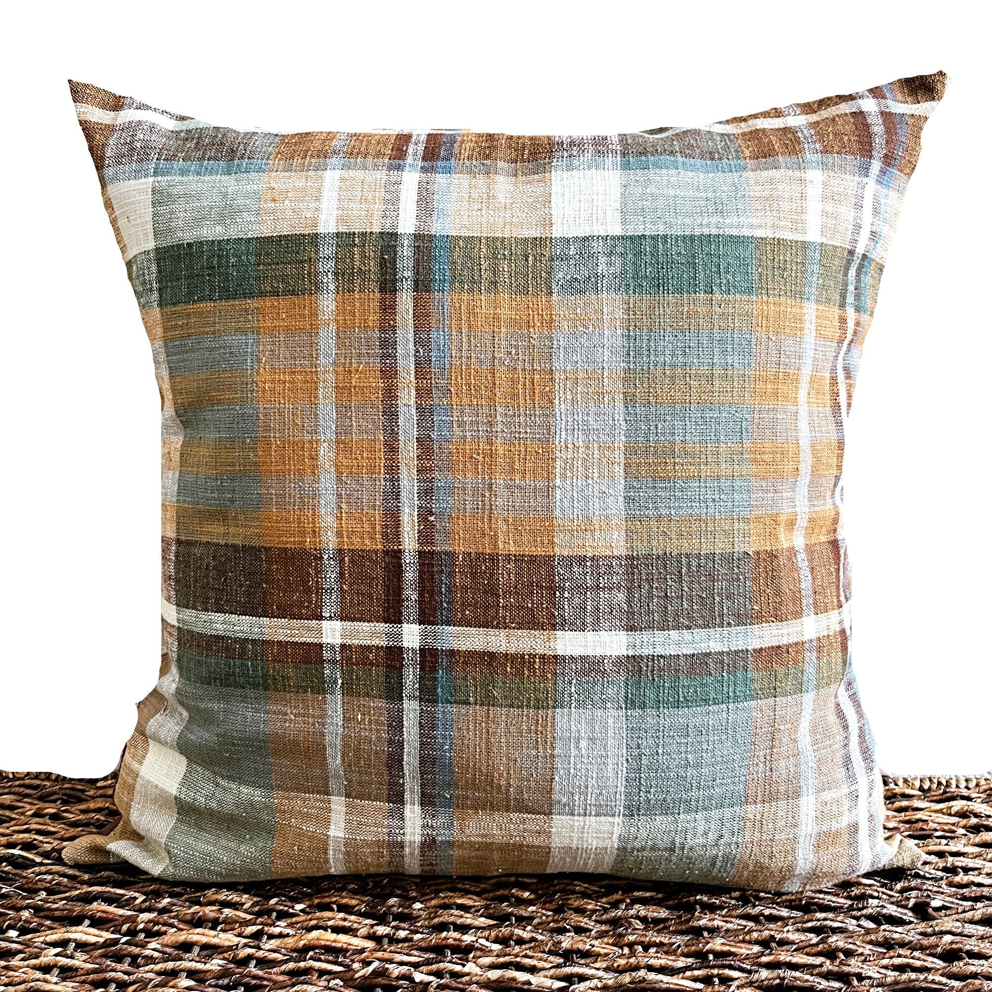 Fall Plaid Pillow Cover Cushion Throw Pillow Brown Gray Cinnamon Teal Green Beige Repurposed Fall Decor Thanksgiving Autumn Decorative 18x18 Etsy