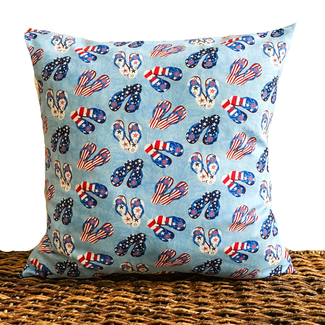 Flip Flops Pillow Cover Cushion Patriotic Stars Stripes Red White Blue Beach Decor Coastal