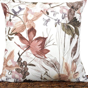 Watercolor Floral Pillow Cover Cushion Abstract Rose Brown Gray Lilac Green Beige Repurposed Decorative 18x18 image 1