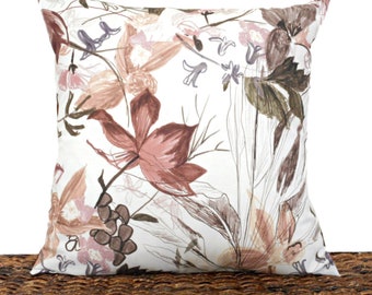 Watercolor Floral Pillow Cover Cushion Abstract Rose Brown Gray Lilac Green Beige Repurposed Decorative 18x18