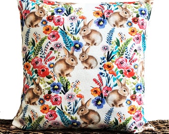 Easter Bunnies Pillow Cover Cushion Floral Red Pink Orange Blue Yellow Purple Green Brown Beige Polka Dots Easter Decor Decorative 18x18