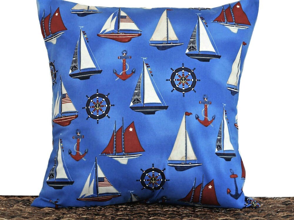 Nautical Throw Pillow Boating Multicolor 16x16 Nautical Collection Ships Wheel on Blue Background Nautical Throw Pillow Boating Multicolor 16x16 Nautical Collection Ships Wheel on Blue Background