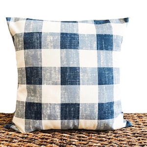 Blue Buffalo Check Pillow Cover Cushion Throw Pillow Beige Denim Navy French Country Farmhouse Coastal Decor 18x18