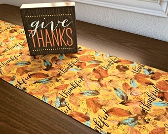 Thanksgiving Table Runner Leaves Thankful Fall  Autumn Mustard Teal Brown Rust Reversible Table Decor 13x70