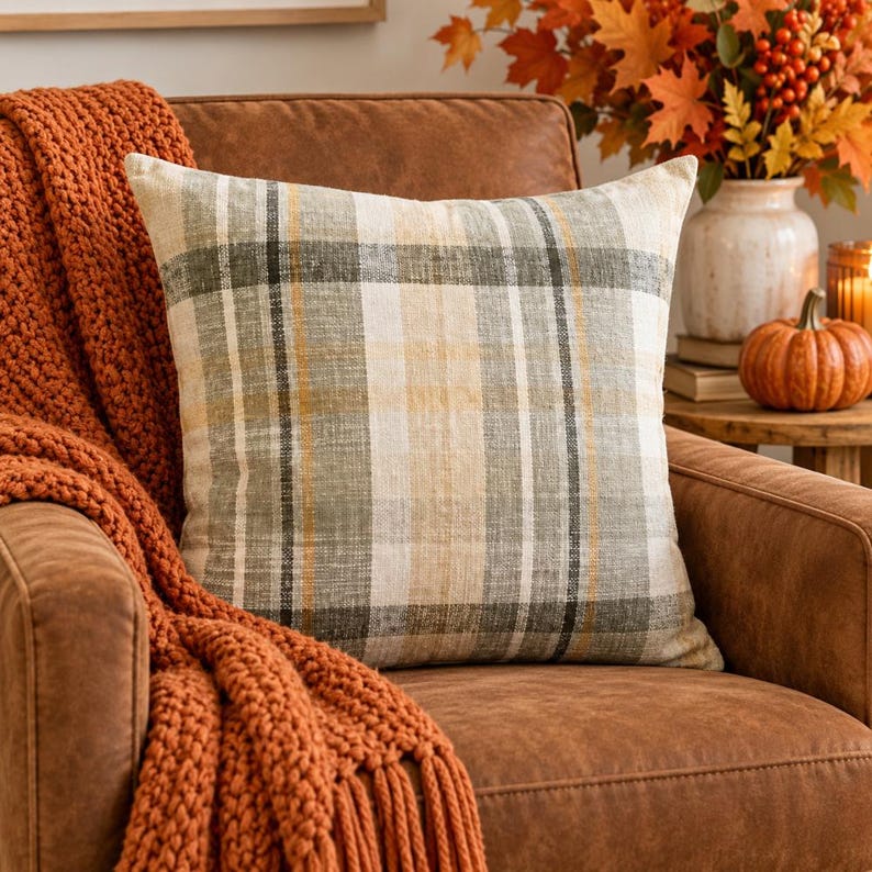May include: A square throw pillow featuring a plaid pattern in shades of sage green, cream, and mustard yellow. The fabric has a visible woven texture, and the pillow is displayed against a brown leather chair with a chunky orange knit throw.