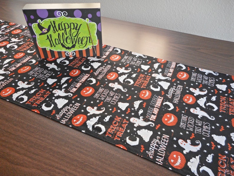 Ghosts Halloween Table Runner Pumpkins Trick or Treat Polka Dots Black Orange White Reversible Table Decor Halloween Decor