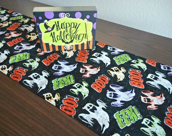 Ghosts Halloween Table Runner Boo Eek Black Cats Witches Pumpkins Orange Gray Lime Green Purple Black Reversible Buffet Halloween Decor