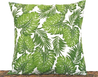 SALE 14.00 Tropical Palm Leaves Pillow Cover Cushion Decorative Monstera Kelly Green White Coastal Beach Decor Repurposed 16x16