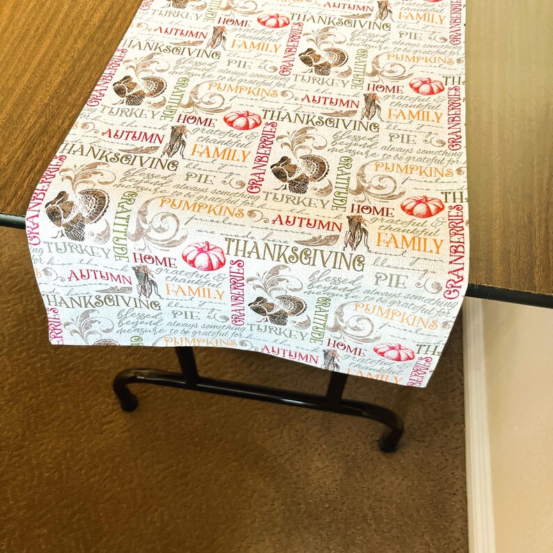 Thanksgiving Table Runner Turkeys Pumpkins Corn Pie Gratitude Orange