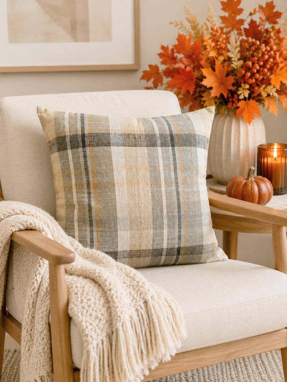 Gray Plaid Throw Pillow Cover Cushion: Linen Cotton Fall Decor (18x18)