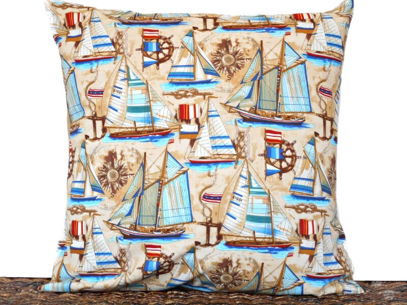 Nautical Throw Pillow Boating Multicolor 16x16 Nautical Collection Ships Wheel on Blue Background Nautical Throw Pillow Boating Multicolor 16x16 Nautical Collection Ships Wheel on Blue Background