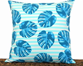 Tropical Leaves Pillow Cover Cushion Outdoor Blue Turquoise White Stripes Monstera Leaf Coastal Beach Decor Decorative 18x18