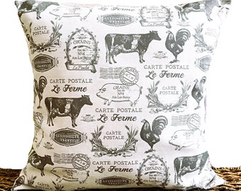 French Farm Pillow Cover Cushion Cows Pigs Roosters French Country Script Postal Stamp Beige Gray Decorative 18x18