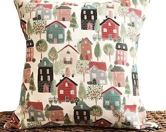 Houses Pillow Cover Cushion Village Trees Black Red Green Gray Beige Decorative 18x18