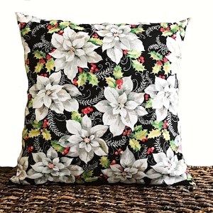 Black Poinsettia Pillow Cover Cushion Throw Pillow Christmas Holly Beige Gray Red Christmas Decor 18x18