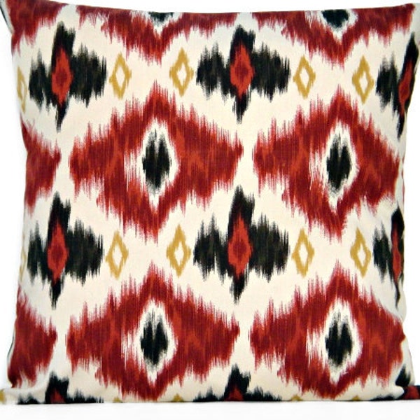 Ikat Pillow Cover Red Rust Cinnamon Brown Mustard Beige Decorative Repurposed 16x16