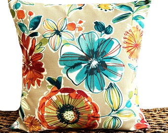 Floral Outdoor Pillow Cushion Throw Pillow Turquoise Orange Lime Green Mustard Yellow Tan Boat Decor 18x18