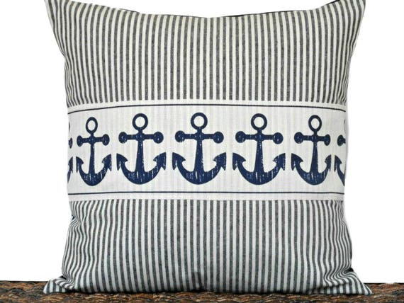 Navy Blue Anchor Pillow Cover Cushion Ticking Stripes Nautical Etsy