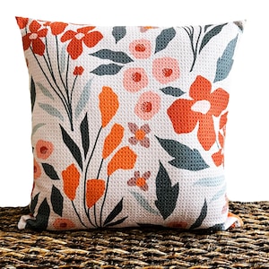 Orange Floral Pillow Cover Cushion Throw Pillow Recycled Green Gray Peach Blue Beige Spring Repurposed 16x16