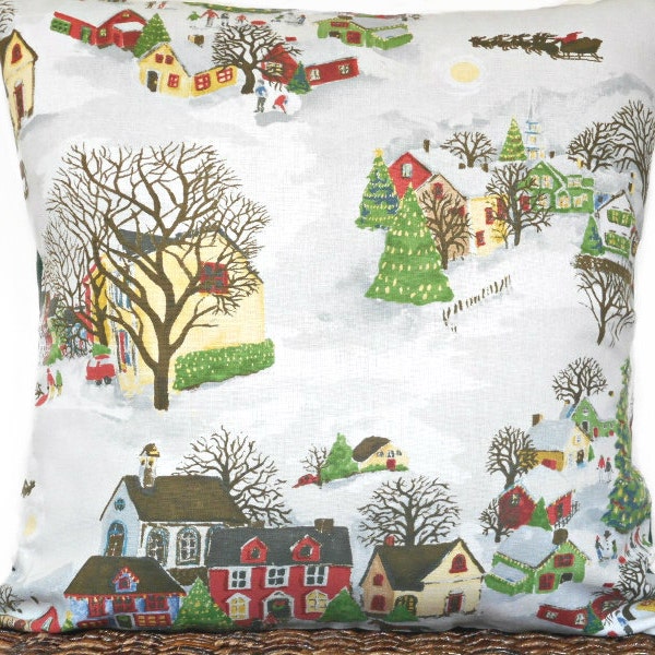 Christmas Pillow Cover Cushion Winter Village Scene Rustic Red Green Brown Blue White Repurposed Decorative 18x18