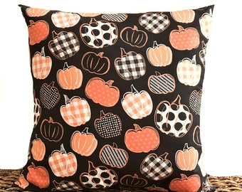 SALE 14.00 Fall Pumpkins Pillow Cover Cushion Farmhouse Orange Black White  Polka Dots Stripes Gingham Check Autumn Decor Decorative 18x18