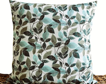 Gray Leaves Pillow Cover Cushion Blue Teal Turquoise Metallic Silver Fall Autumn Decor Decorative 18x18