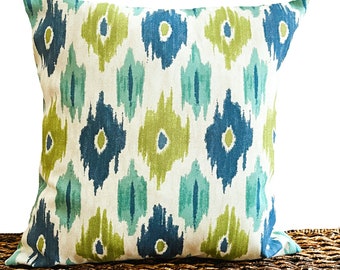 Blue Ikat Pillow Cover Cushion Outdoor Chartreuse Green Turquoise Periwinkle Beige Decorative Spring Summer 18x18